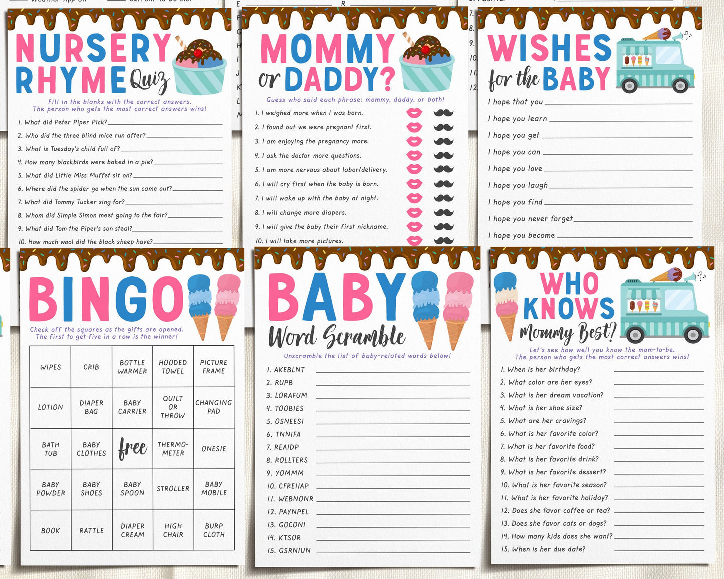 Ice Cream Baby Shower Games Bundle Editable Template, 12 Games Ice Cream Summer Boy Girl Pink Blue Gender Reveal, Bingo Price Is Right