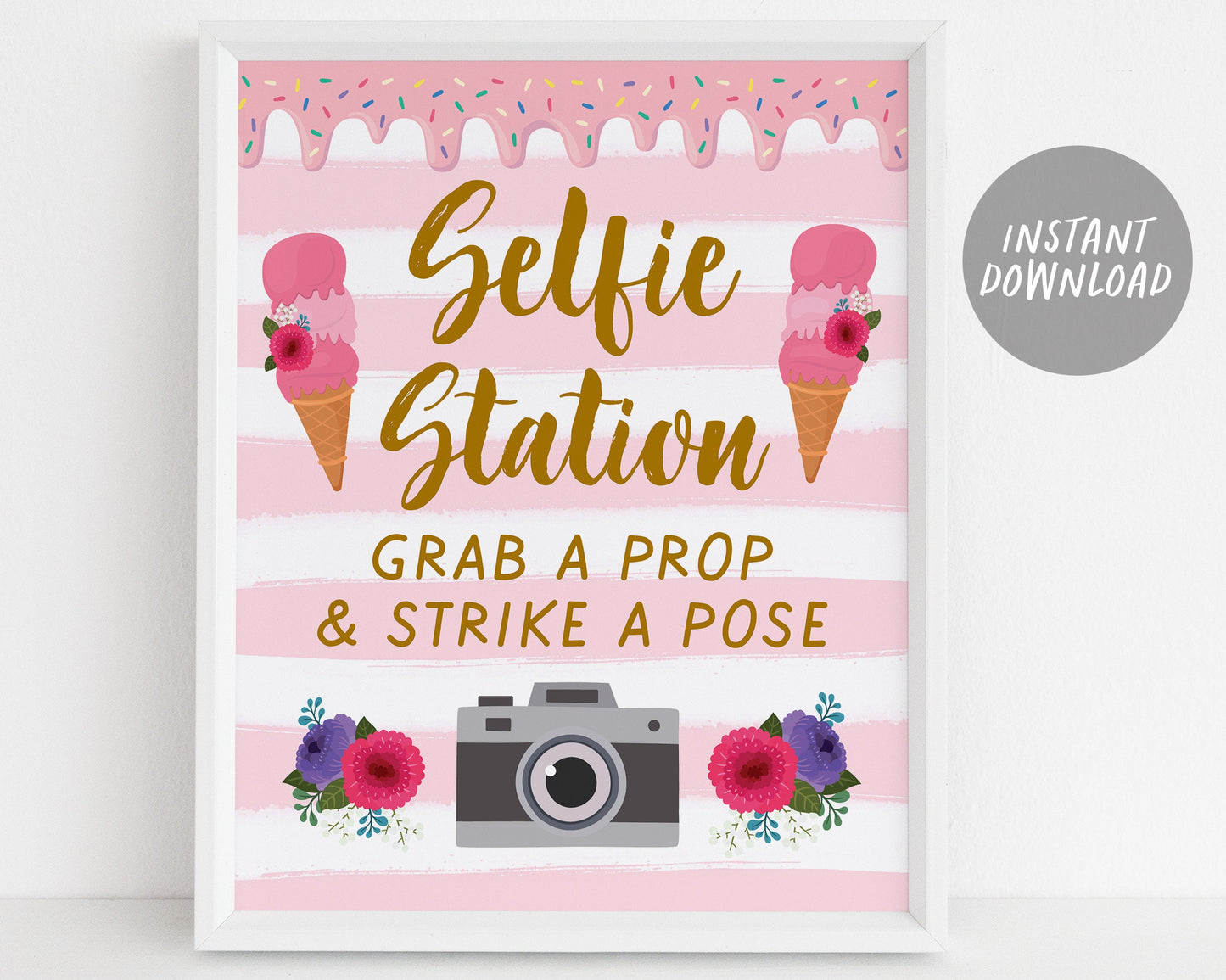 Ice Cream Birthday Baby Shower Signs BUNDLE, Blush Floral Summer Ice Cream Themed Table Decor, Ice Cream Bar Selfie Station Instant Download