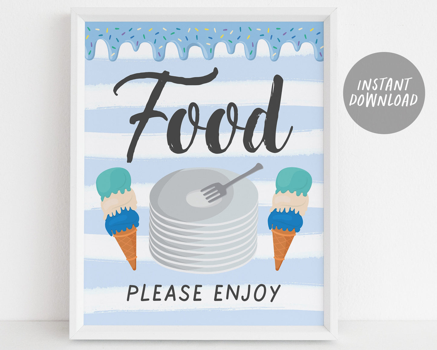Ice Cream Birthday Boy Baby Shower Signs BUNDLE, Blue Summer Stripes Themed Table Decor, Ice Cream Bar Selfie Station Instant Download