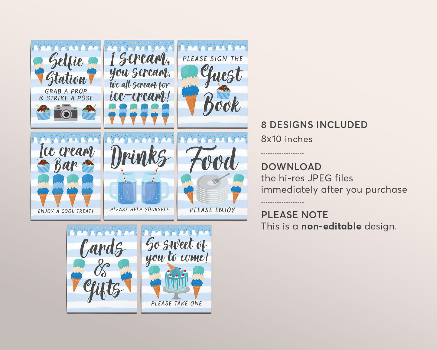Ice Cream Birthday Boy Baby Shower Signs BUNDLE, Blue Summer Stripes Themed Table Decor, Ice Cream Bar Selfie Station Instant Download