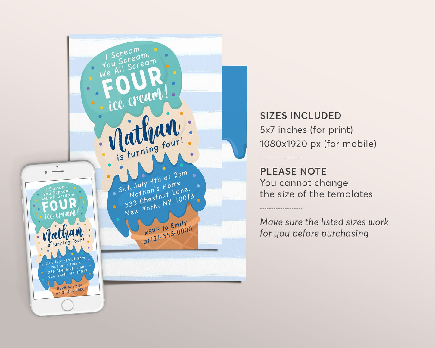 Ice Cream Birthday Party Invitation Editable Template, I Scream You Scream We All Scream Four Ice Cream Truck 4th Birthday Boy Summer Invite