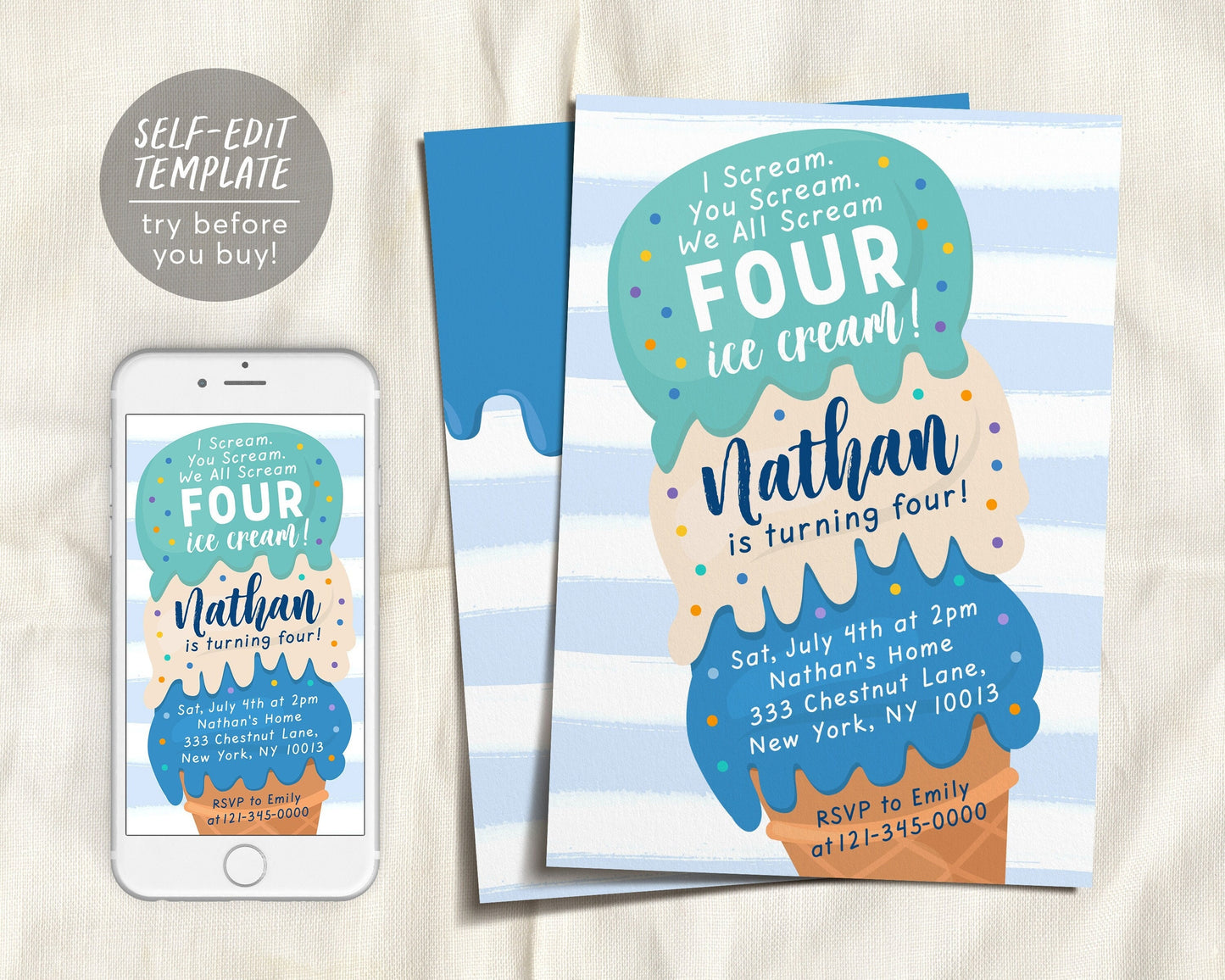 Ice Cream Birthday Party Invitation Editable Template, I Scream You Scream We All Scream Four Ice Cream Truck 4th Birthday Boy Summer Invite