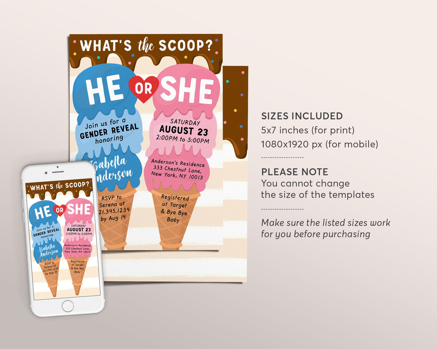 Ice Cream Gender Reveal Baby Shower Invitation Editable Template, Here's the Scoop Boy Or Girl Baby Sprinkle Summer Invite, He She Blue Pink
