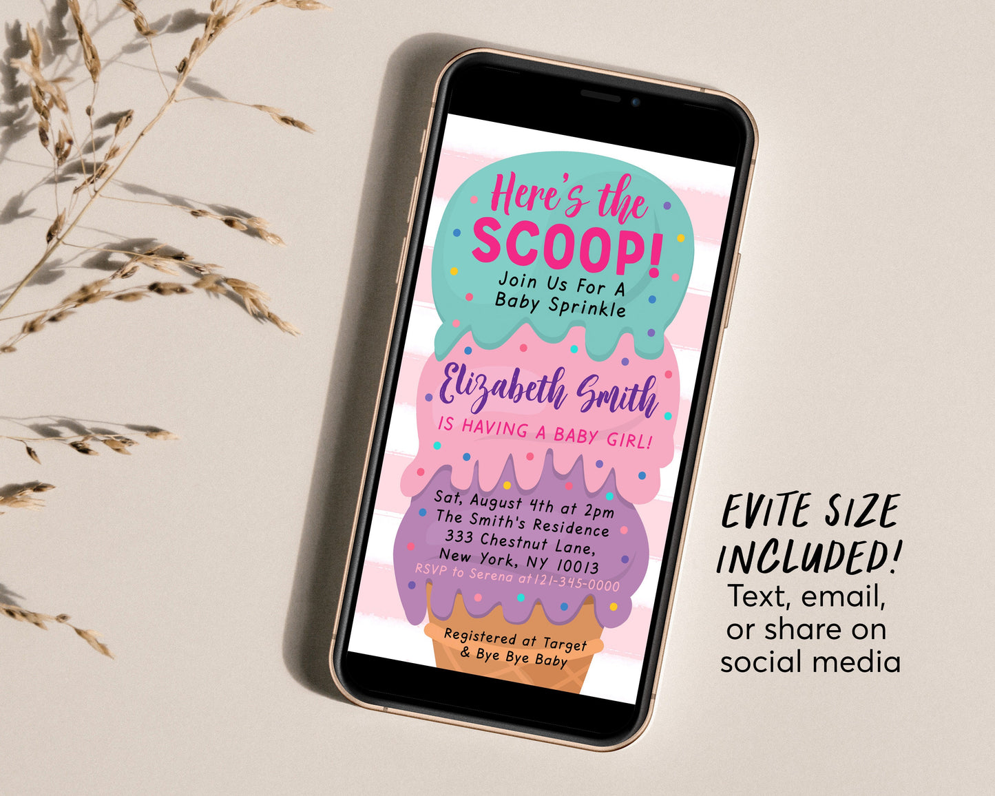 Ice Cream GIRL Baby Shower Invitation BUNDLE Suite Set Editable Template, Here's the Scoop Baby Sprinkle Invite, Book Request Diaper Raffle