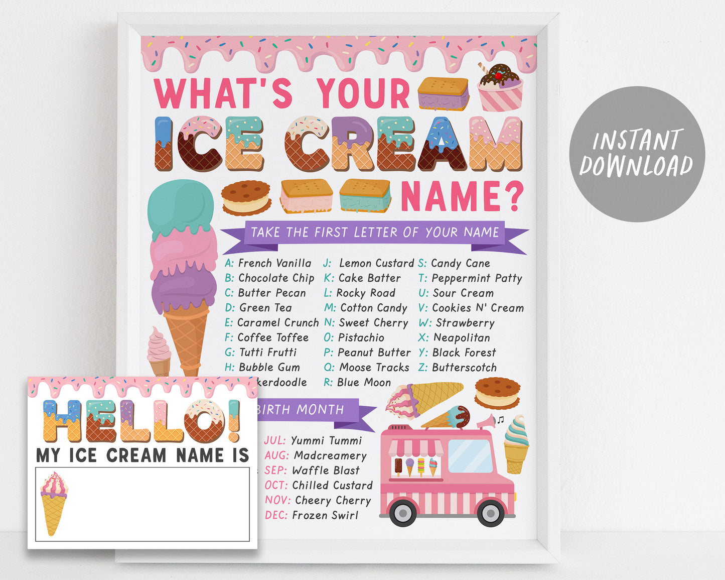 Whats Your Ice Cream Name Game, Ice Cream Name Sign Printable, Girl Summer Birthday Party Games Poster Decor, Ice Cream Name Tag Activity