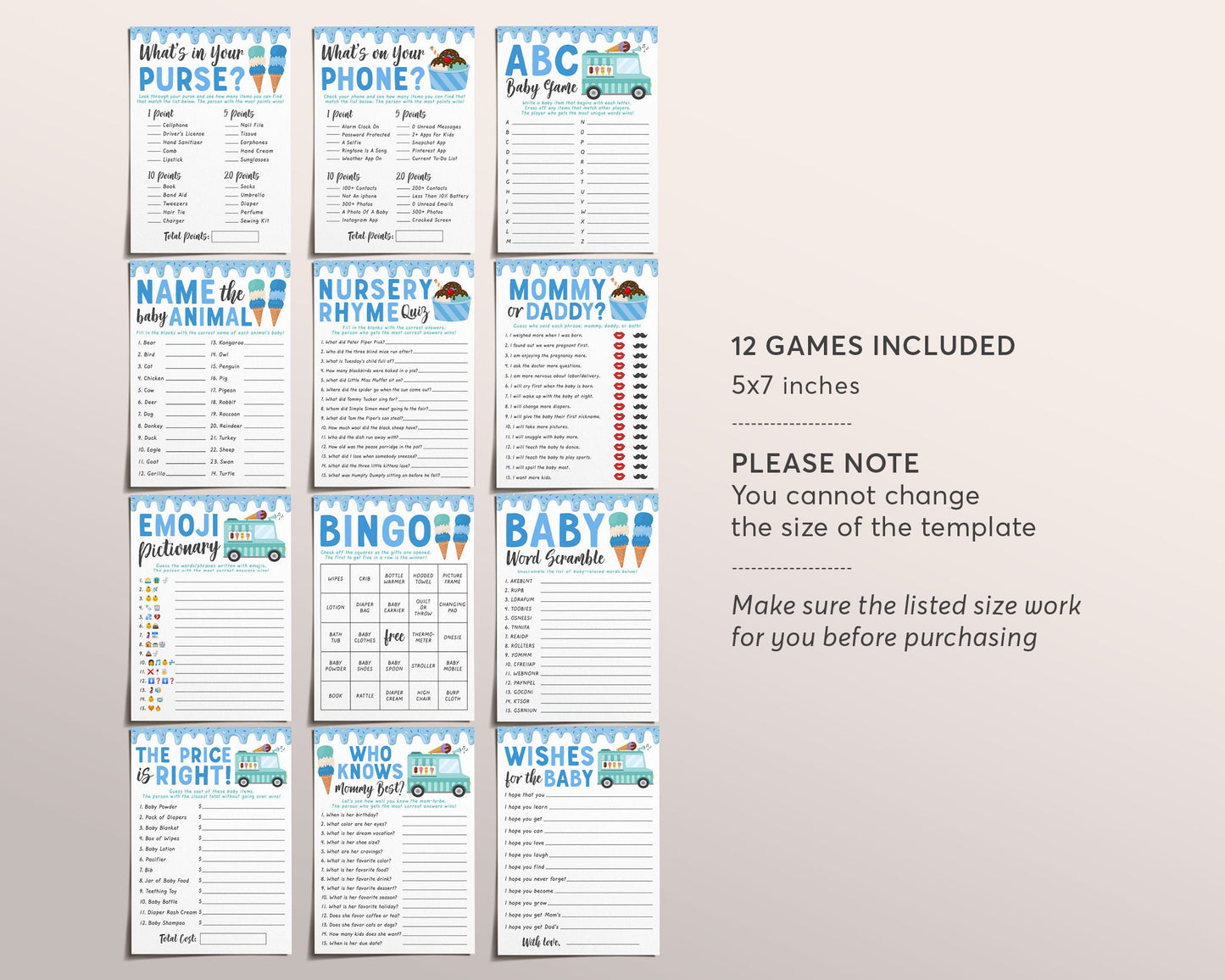 Ice Cream Boy Baby Shower Games Bundle Editable Template, 12 Games Ice Cream Sprinkle Summer Themed Bingo Emoji Price Is Right Wishes Baby