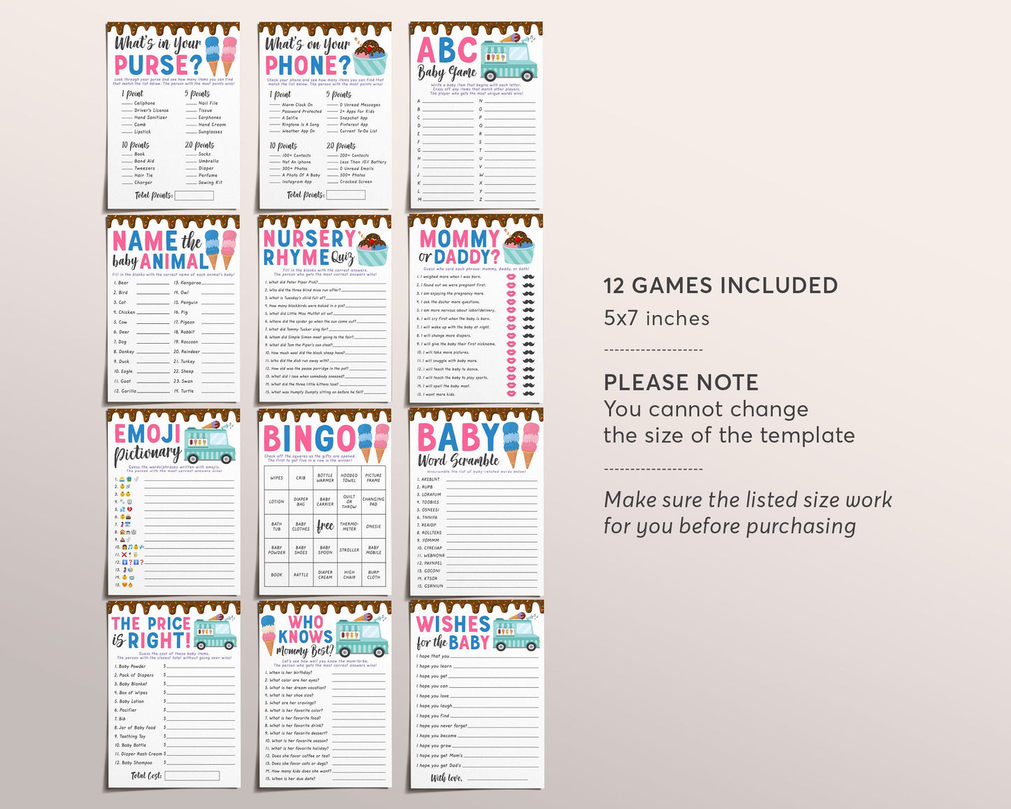 Ice Cream Baby Shower Games Bundle Editable Template, 12 Games Ice Cream Summer Boy Girl Pink Blue Gender Reveal, Bingo Price Is Right
