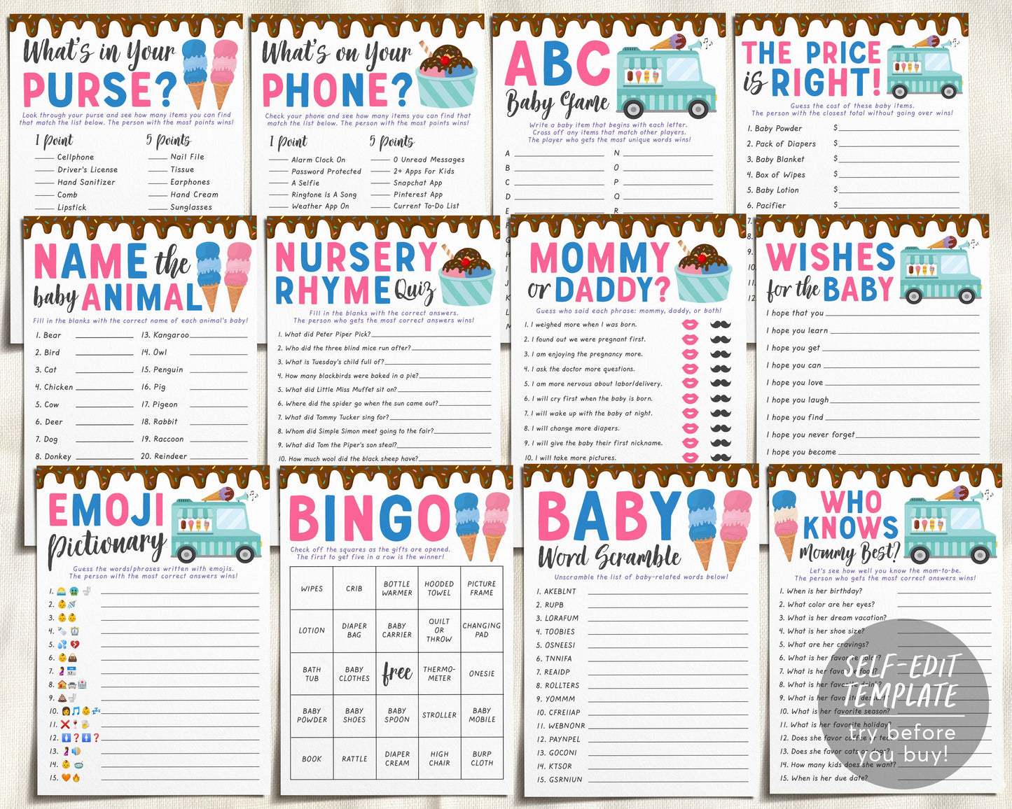 Ice Cream Baby Shower Games Bundle Editable Template, 12 Games Ice Cream Summer Boy Girl Pink Blue Gender Reveal, Bingo Price Is Right