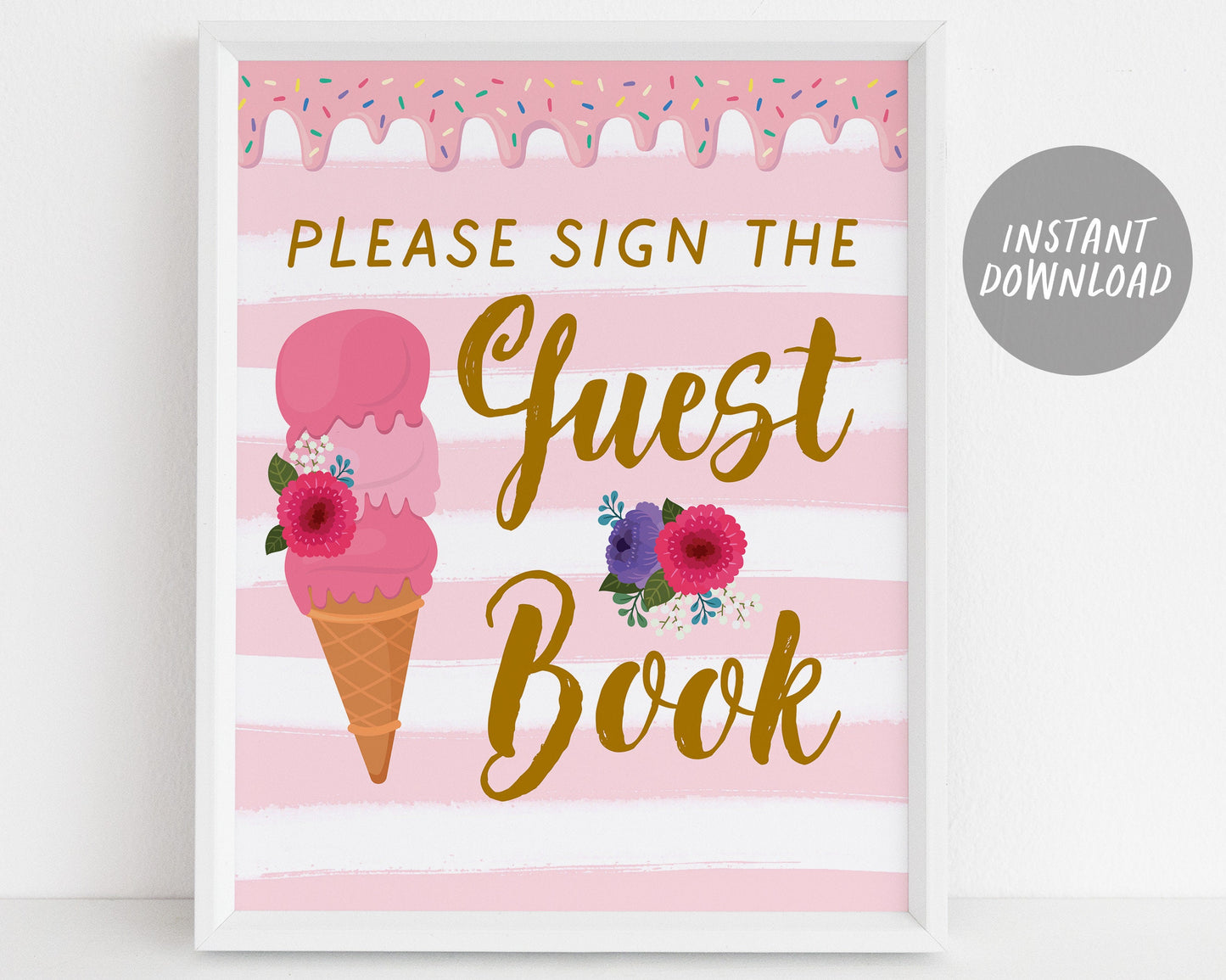 Ice Cream Birthday Baby Shower Signs BUNDLE, Blush Floral Summer Ice Cream Themed Table Decor, Ice Cream Bar Selfie Station Instant Download
