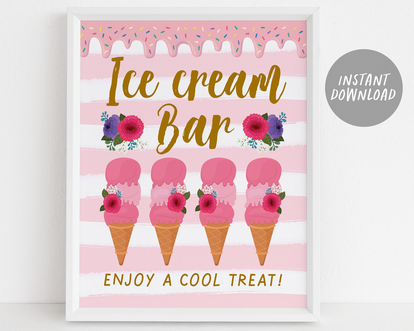 Ice Cream Birthday Baby Shower Signs BUNDLE, Blush Floral Summer Ice Cream Themed Table Decor, Ice Cream Bar Selfie Station Instant Download