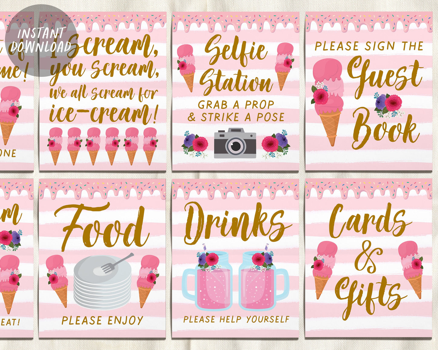Ice Cream Birthday Baby Shower Signs BUNDLE, Blush Floral Summer Ice Cream Themed Table Decor, Ice Cream Bar Selfie Station Instant Download