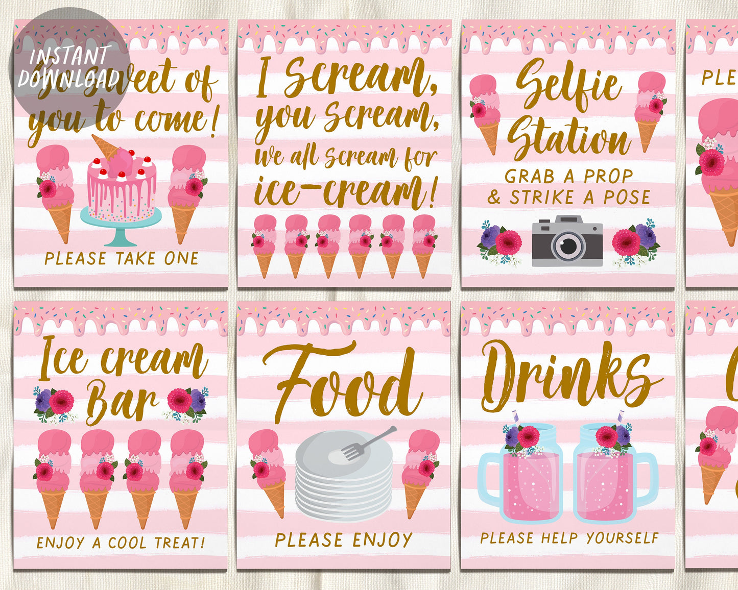 Ice Cream Birthday Baby Shower Signs BUNDLE, Blush Floral Summer Ice Cream Themed Table Decor, Ice Cream Bar Selfie Station Instant Download