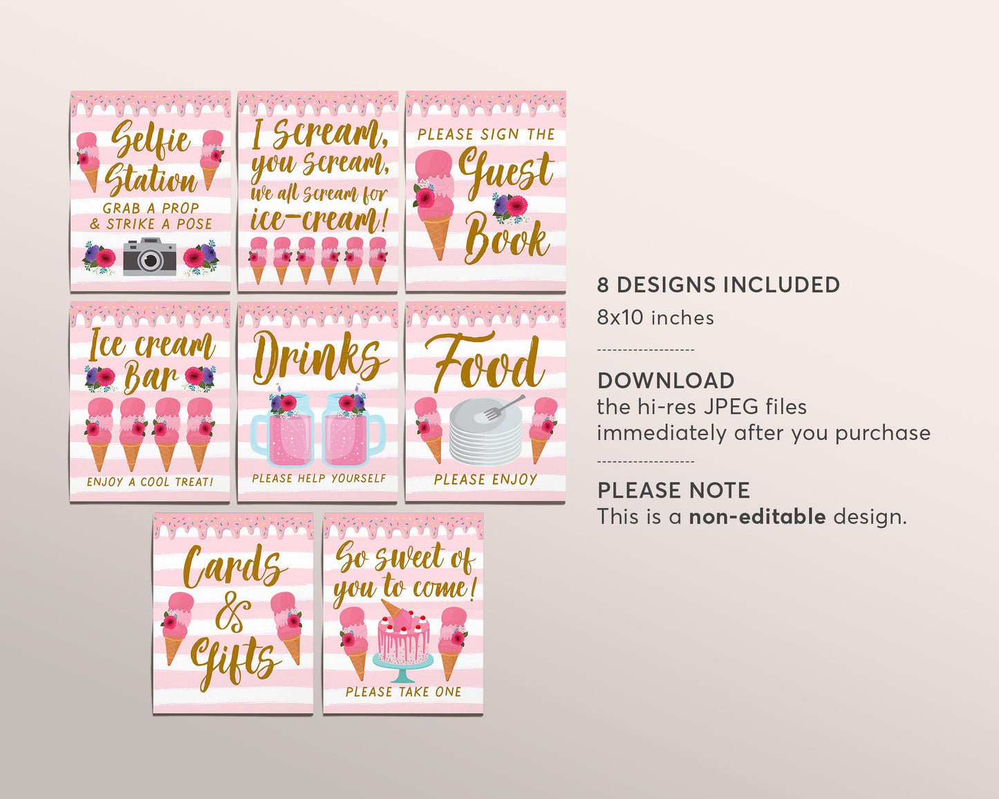 Ice Cream Birthday Baby Shower Signs BUNDLE, Blush Floral Summer Ice Cream Themed Table Decor, Ice Cream Bar Selfie Station Instant Download
