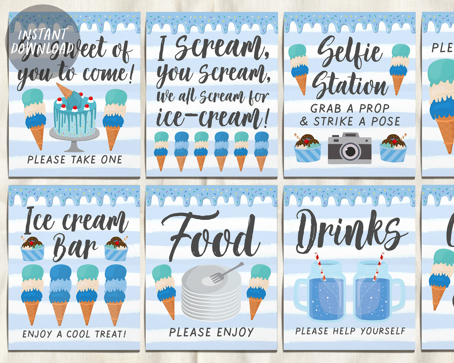 Ice Cream Birthday Boy Baby Shower Signs BUNDLE, Blue Summer Stripes Themed Table Decor, Ice Cream Bar Selfie Station Instant Download