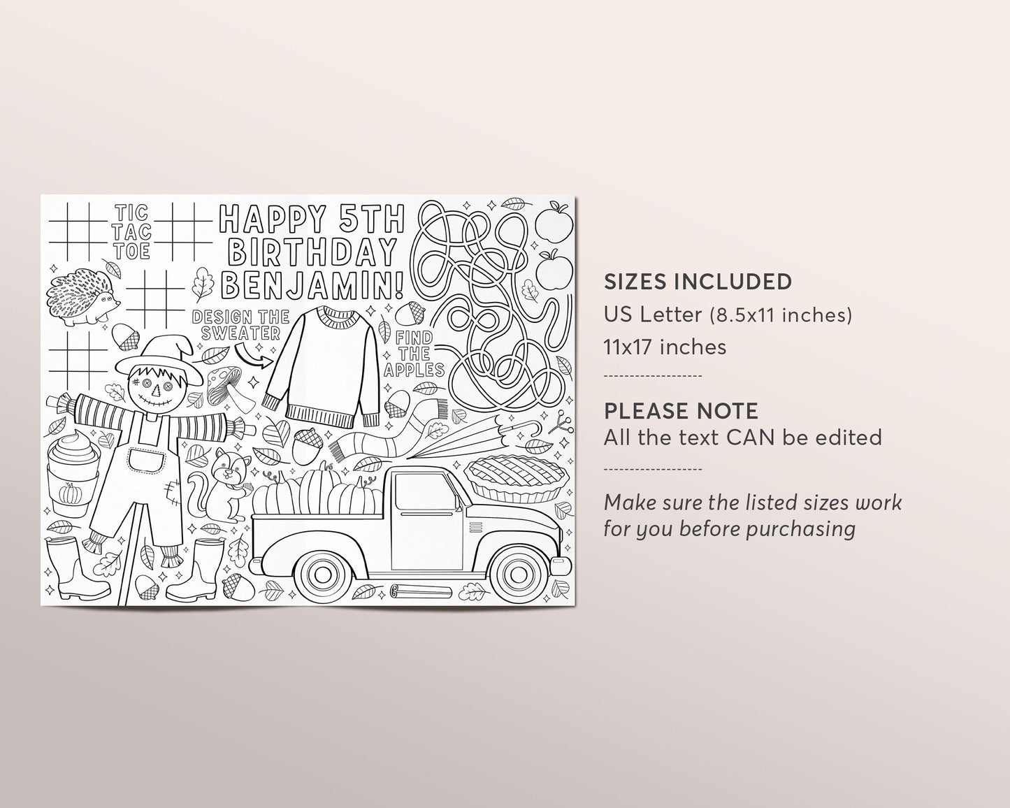 Fall Autumn Birthday Party Coloring Placemat For Kids Editable Template, Pumpkin Harvest Craft Activity Party Coloring Sheet Page Printable