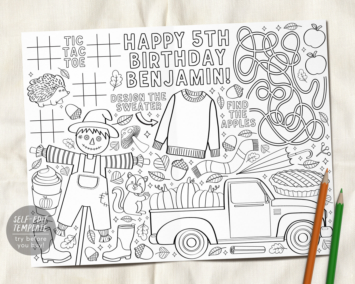 Fall Autumn Birthday Party Coloring Placemat For Kids Editable Template, Pumpkin Harvest Craft Activity Party Coloring Sheet Page Printable