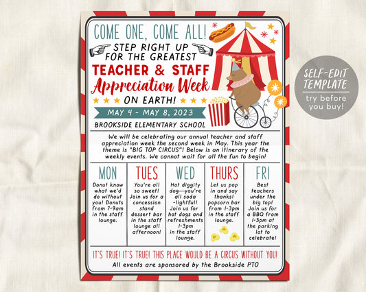 Circus Theme Teacher Appreciation Week Schedule Editable Template