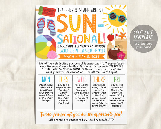 Beach Theme Teacher Staff Appreciation Week Itinerary Flyer Editable Template