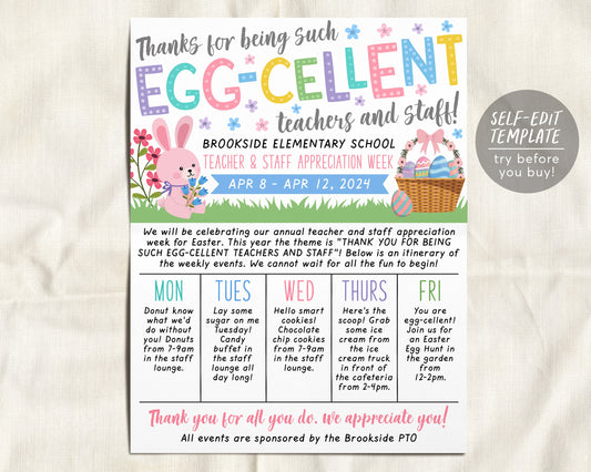Easter Theme Teacher Staff Appreciation Week Itinerary Flyer Editable Template