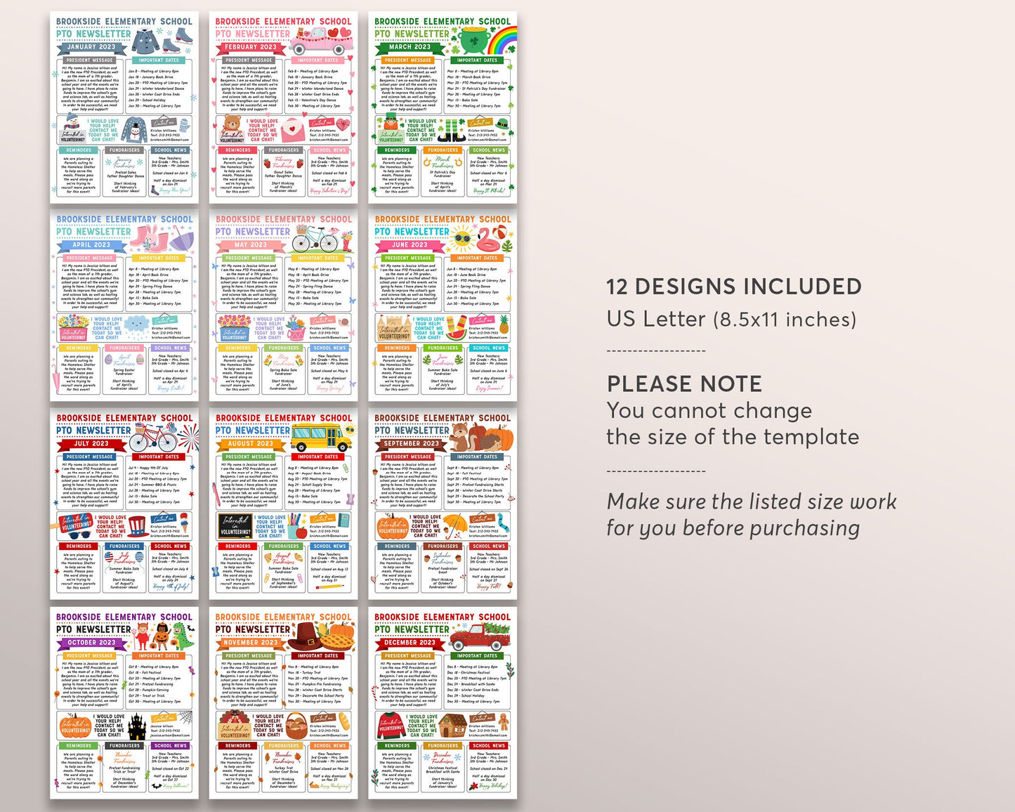 Yearly PTO PTA Newsletter Editable Template BUNDLE Set, Classroom Printable Handout Flyer, Seasonal School Year Meeting Agenda Organizer