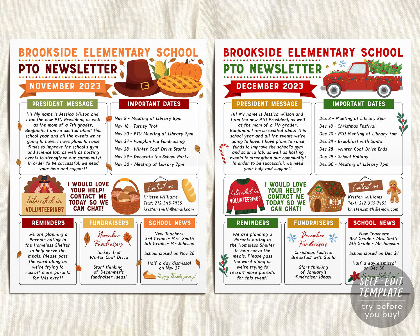 Yearly PTO PTA Newsletter Editable Template BUNDLE Set, Classroom Printable Handout Flyer, Seasonal School Year Meeting Agenda Organizer