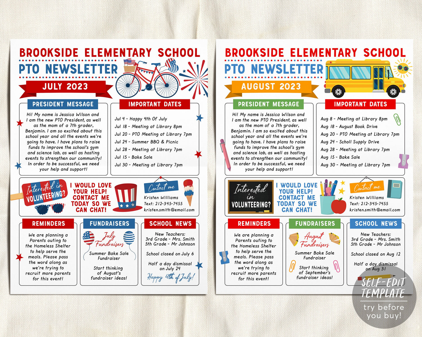 Yearly PTO PTA Newsletter Editable Template BUNDLE Set, Classroom Printable Handout Flyer, Seasonal School Year Meeting Agenda Organizer