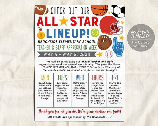 Sports All Star VIP Theme Teacher Staff Appreciation Week Itinerary Flyer Editable Template