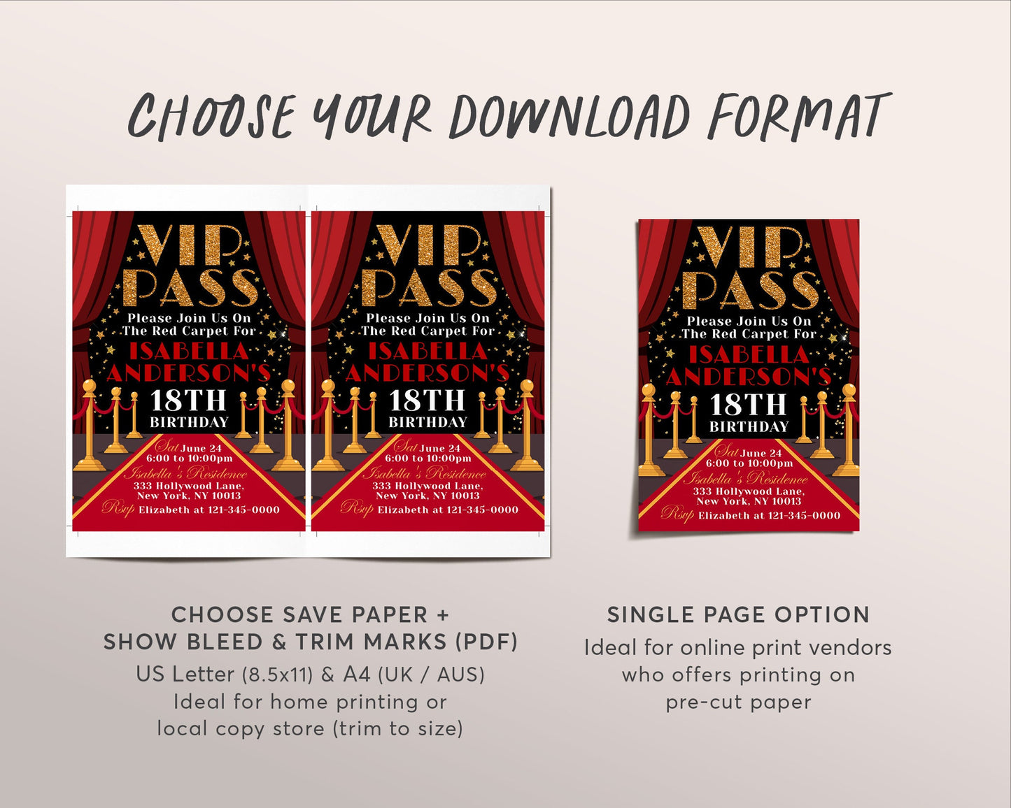 VIP Pass Birthday Invitation Editable Template, Hollywood Red Carpet Invite, Movie Star Glam Party Quinceanera, 18th Birthday Gold Black Red