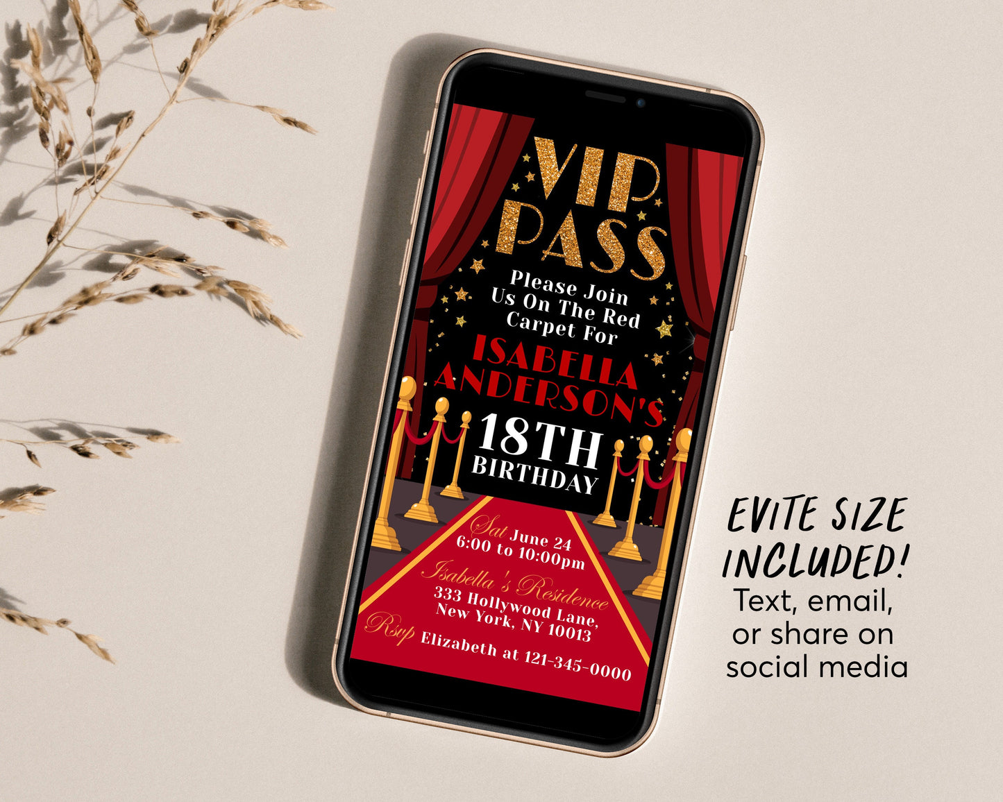 VIP Pass Birthday Invitation Editable Template, Hollywood Red Carpet Invite, Movie Star Glam Party Quinceanera, 18th Birthday Gold Black Red