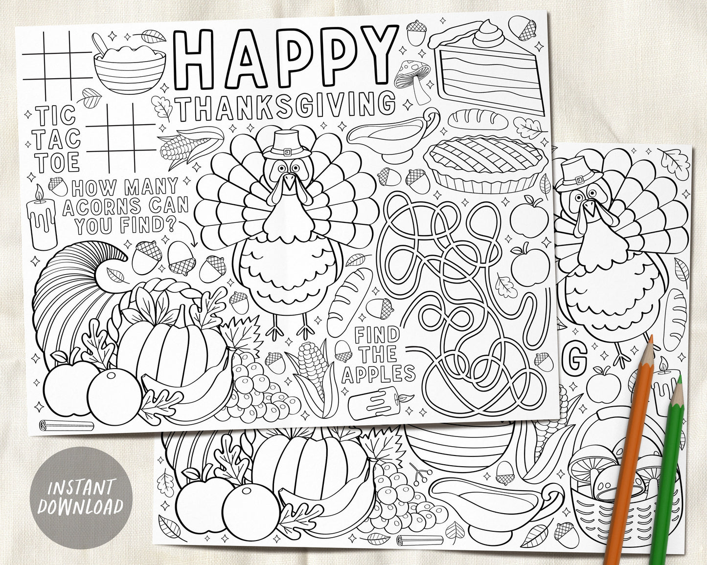 Thanksgiving Coloring Pages Placemat For Kids And Adults, Fall Autumn Classroom Craft Activity Party Sheet Printable, Instant Download