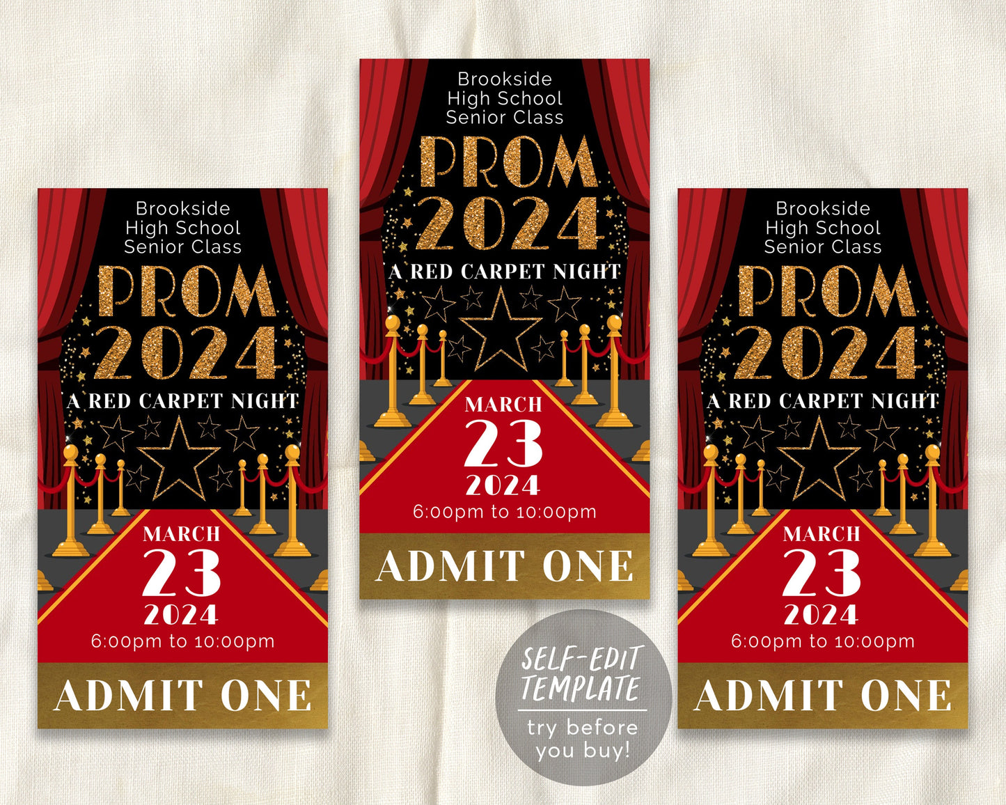Red Carpet Prom School Dance Tickets Editable Template, Homecoming Hollywood VIP Access Pass Ticket Party Invite, High School Senior Dance