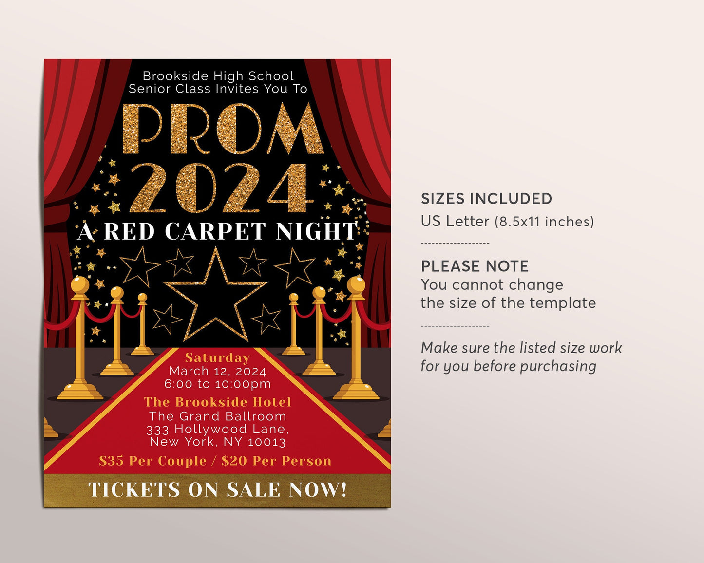 Red Carpet Prom Night Dance Flyer Editable Template, Junior Senior Prom Homecoming Hollywood VIP Access Invitation, Father Daughter Dance