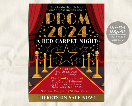 Red Carpet Prom Night Dance Flyer Editable Template, Junior Senior Prom Homecoming Hollywood VIP Access Invitation, Father Daughter Dance