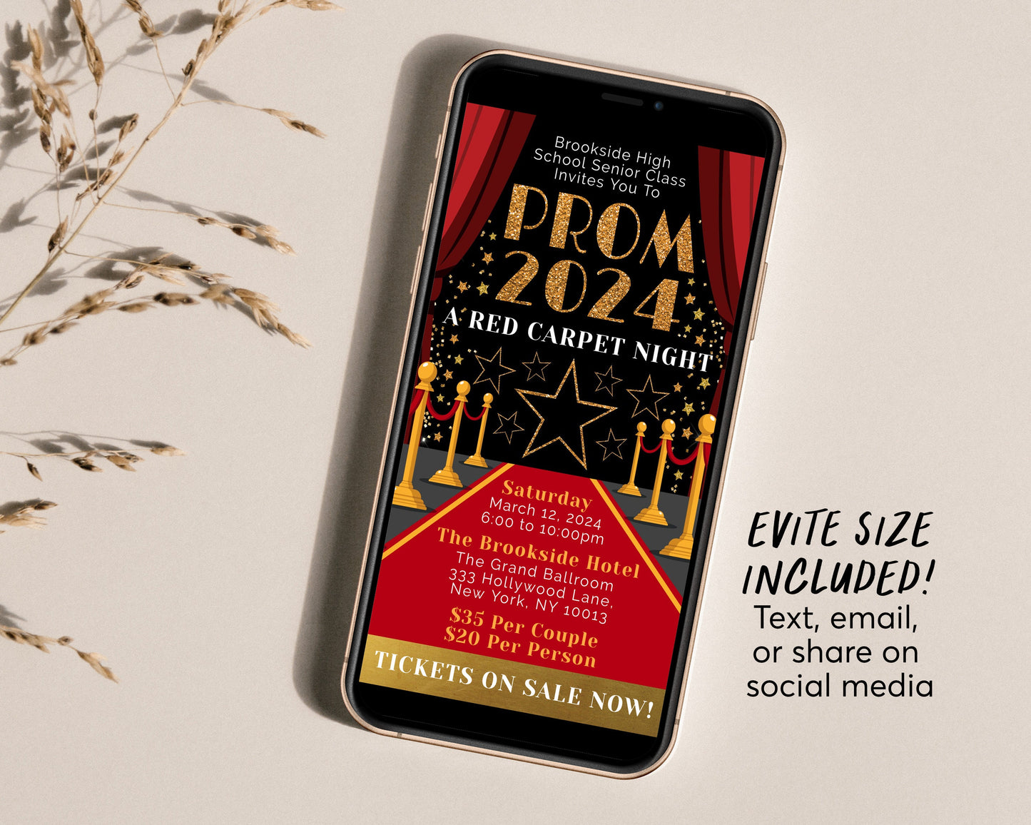 Red Carpet Prom School Dance Invitation Editable Template, Homecoming Hollywood VIP Pass Ticket Party Invite, Father Daughter Dance