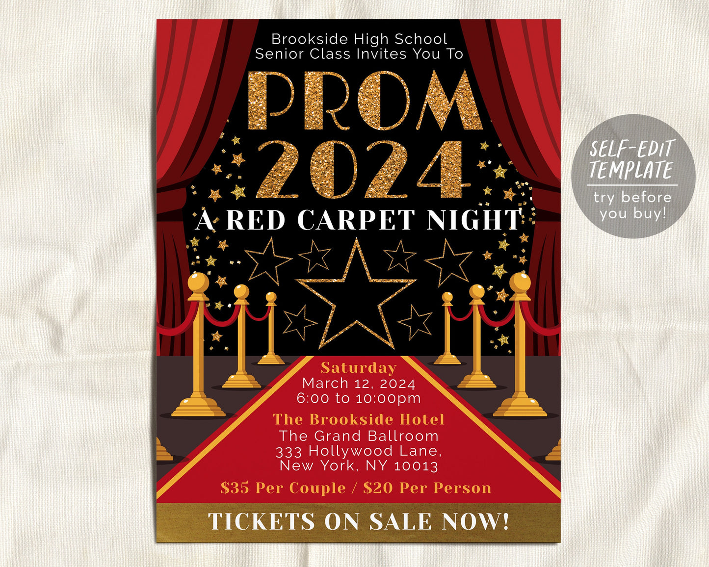 Red Carpet Prom Dance BUNDLE Set Editable Template, VIP Access Junior Senior Homecoming Flyer Invitation Ticket, High School Gala Ticket