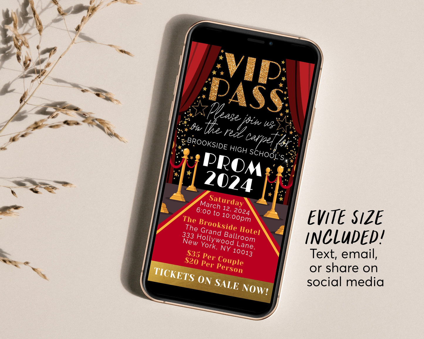 VIP Pass Prom Invitation Editable Template, Red Carpet School Dance ,Homecoming Hollywood Movie Star Ticket Party Dance Gala Invite Evite