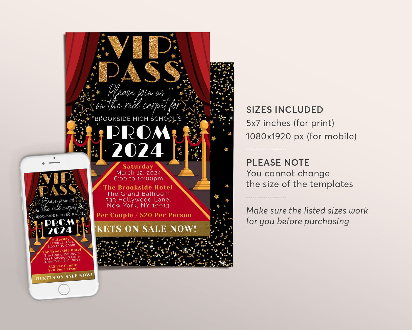 VIP Pass Prom Invitation Editable Template, Red Carpet School Dance ,Homecoming Hollywood Movie Star Ticket Party Dance Gala Invite Evite
