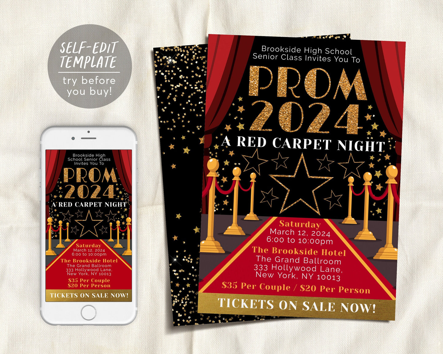 Red Carpet Prom School Dance Invitation Editable Template, Homecoming Hollywood VIP Pass Ticket Party Invite, Father Daughter Dance