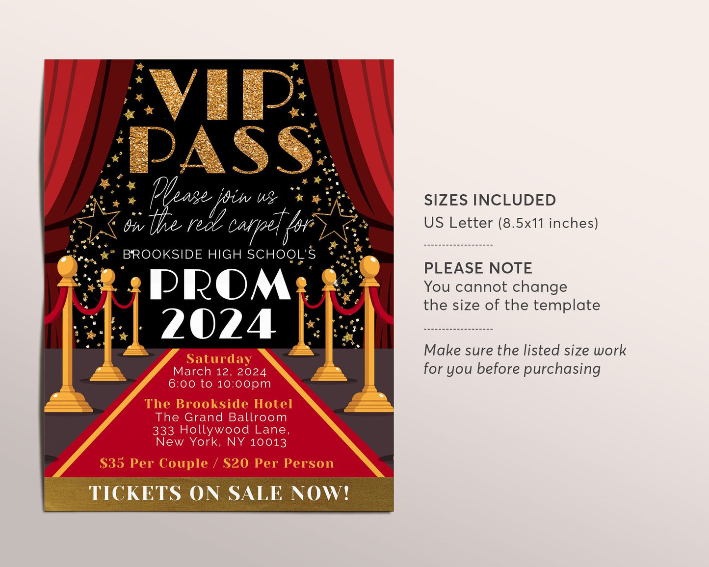 VIP Pass Prom Night Prom Dance Flyer Editable Template, Junior Senior Red Carpet Homecoming Hollywood Access Invitation Father Daughter Gala