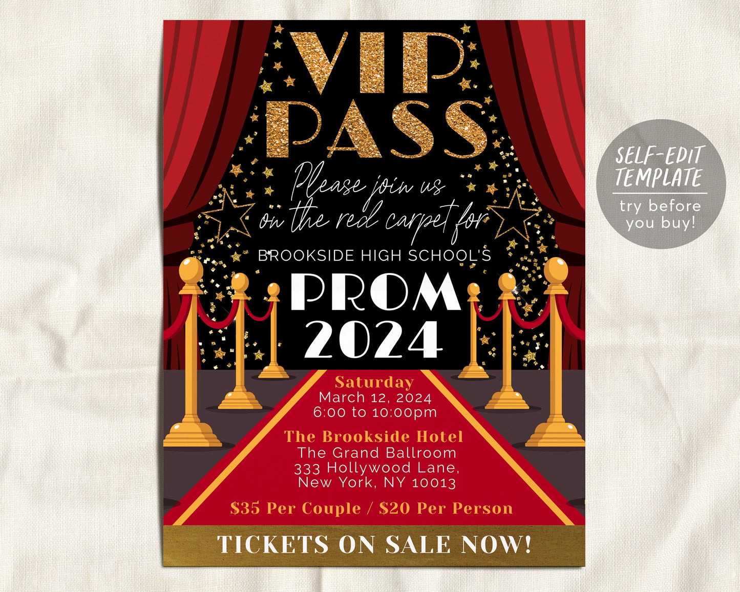 VIP Pass Prom Night Prom Dance Flyer Editable Template, Junior Senior Red Carpet Homecoming Hollywood Access Invitation Father Daughter Gala
