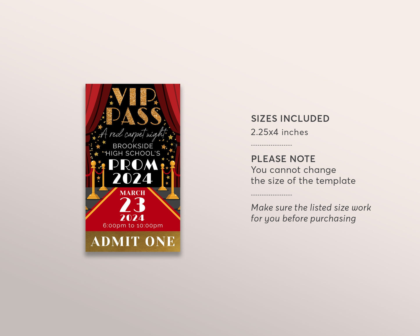 VIP Pass Prom Night School Dance Tickets Editable Template, Red Carpet Homecoming Hollywood VIP Access Pass Party Invite, High School Senior