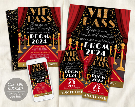 VIP Pass Prom Dance BUNDLE Set Editable Template, Red Carpet Access Senior Homecoming Flyer Invitation Ticket, High School Gala Ticket