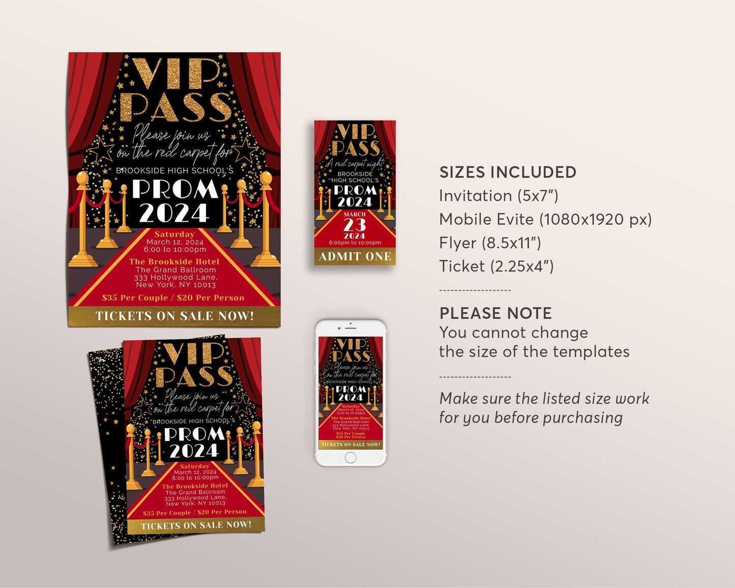 VIP Pass Prom Dance BUNDLE Set Editable Template, Red Carpet Access Senior Homecoming Flyer Invitation Ticket, High School Gala Ticket