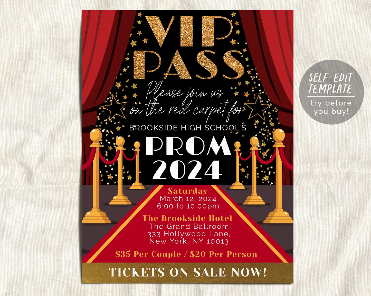 VIP Pass Prom Dance BUNDLE Set Editable Template, Red Carpet Access Senior Homecoming Flyer Invitation Ticket, High School Gala Ticket