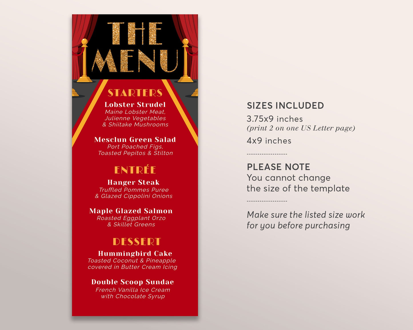 Red Carpet Dinner Menu Editable Template, Hollywood VIP Pass Sweet Sixteen Birthday Menu, Prom Wedding Movie Star Glam Party Food and Drink