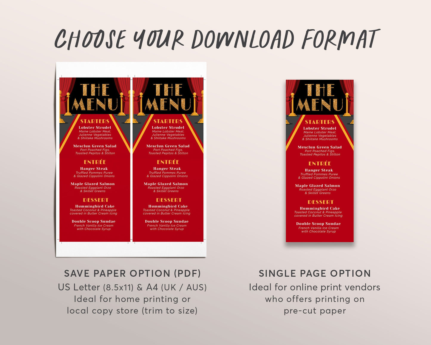 Red Carpet Dinner Menu Editable Template, Hollywood VIP Pass Sweet Sixteen Birthday Menu, Prom Wedding Movie Star Glam Party Food and Drink
