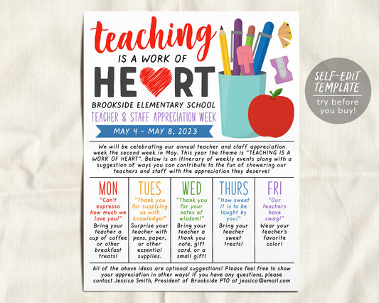 Teaching Is A Work Of Heart Teacher Appreciation Week Schedule Editable Template