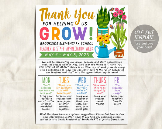 Floral Bloom Theme Parent Letter Teacher Staff Appreciation Week Editable Template