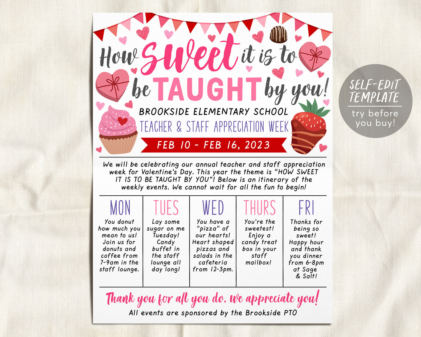 Valentine's Day Theme Teacher Staff Appreciation Week Itinerary Flyer Editable Template
