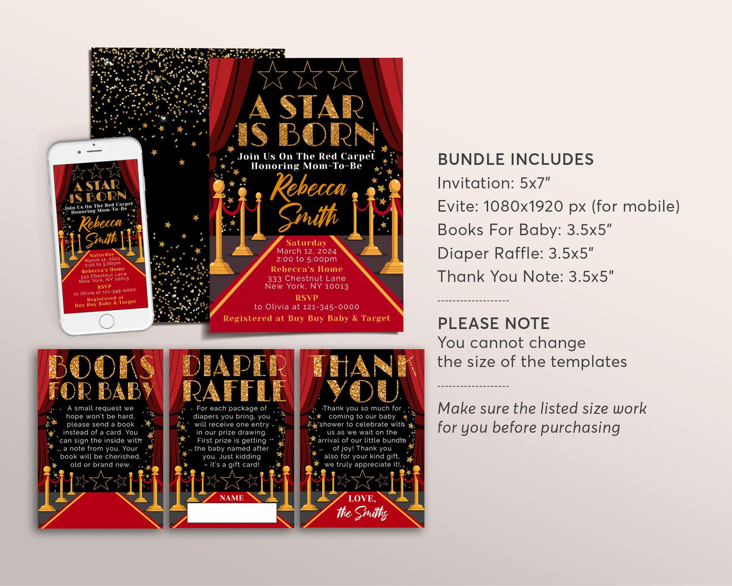 Red Carpet Baby Shower Invitation BUNDLE Suite Set Editable Template, Hollywood Movie Glam Diaper Raffle, Books For Baby, Thank You Note